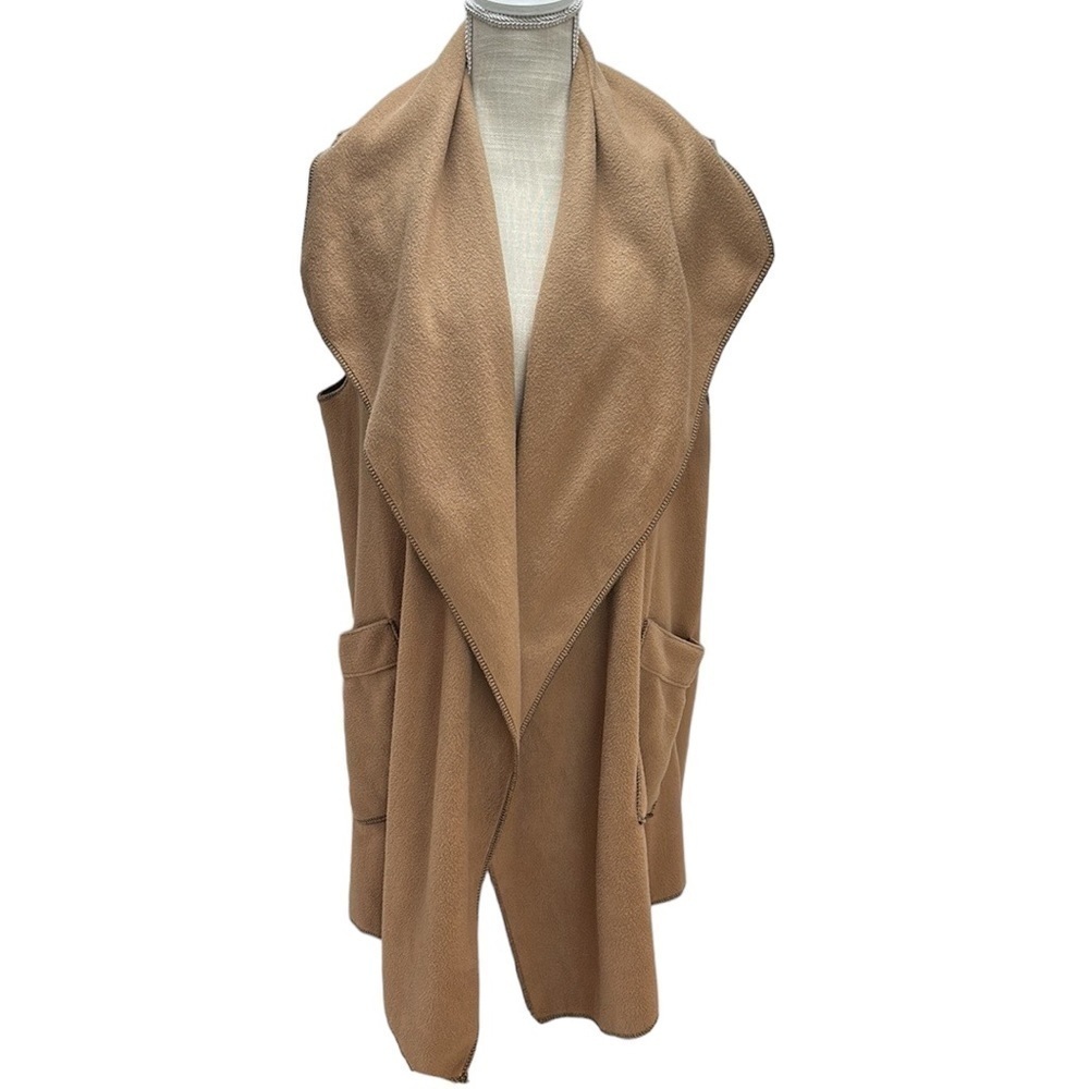 Le Moda‎ Open Front Fleece Vest Cardigan Long Line Camel Soft Pockets Lagenlook